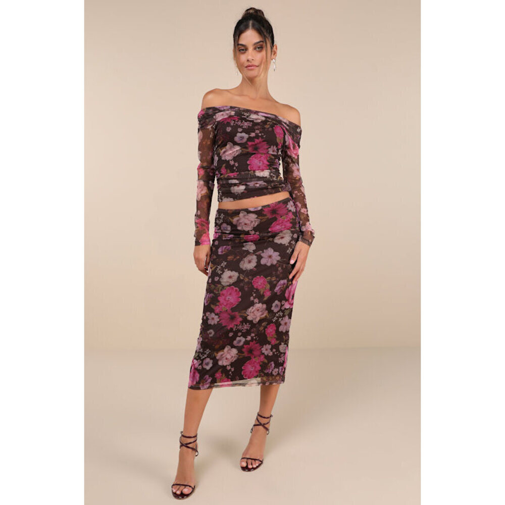 Lulus Unforgettably Sweet Brown Floral Print Mesh High-rise Midi Skirt - Size S